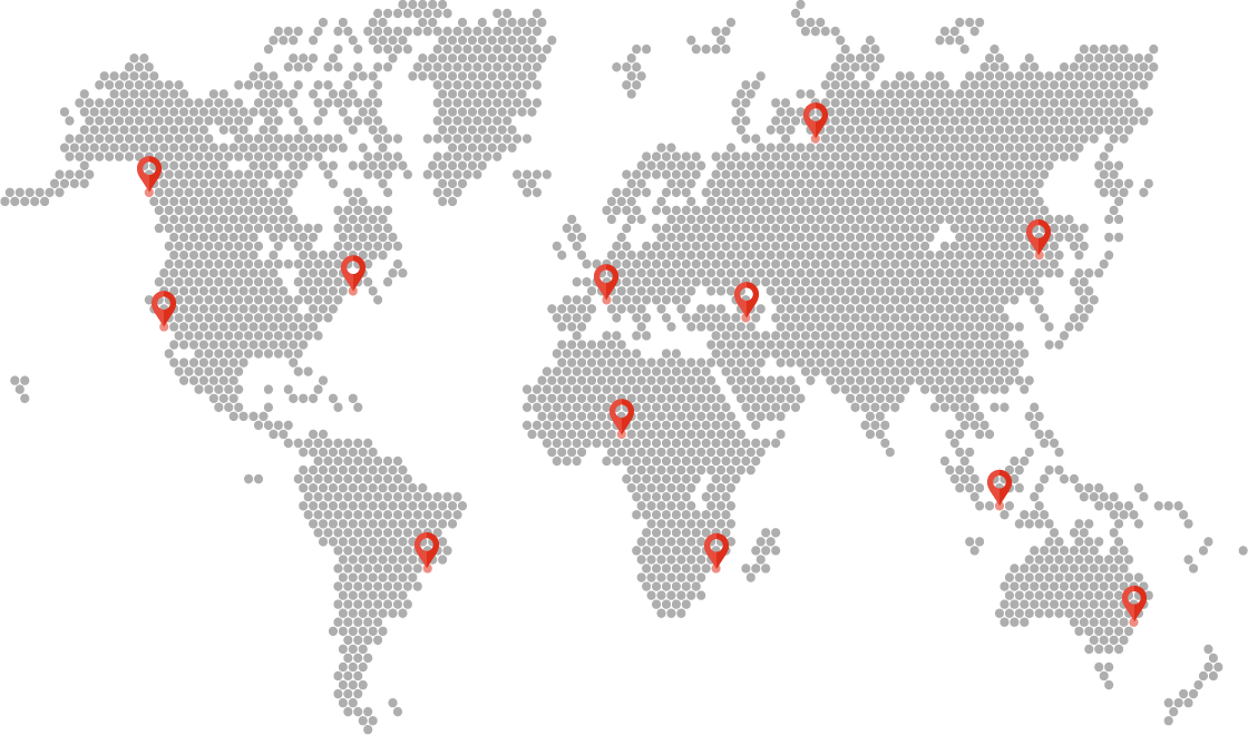 A world map featuring multiple pins indicating various locations across different countries and continents.